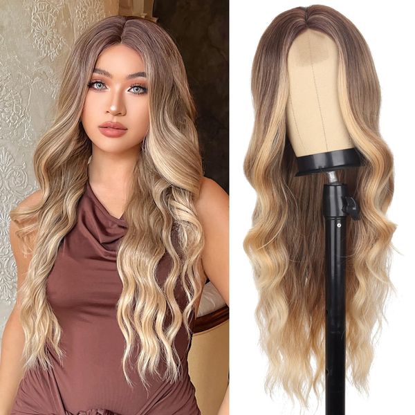 VIKVOK Long Blonde Wig for Women 26 Inch Ombre Blonde Wig Middle Long Blonde Wavy Wig Synthetic Heat Resistant Fiber Wigs for Daily Party Use (Ombre Blonde)