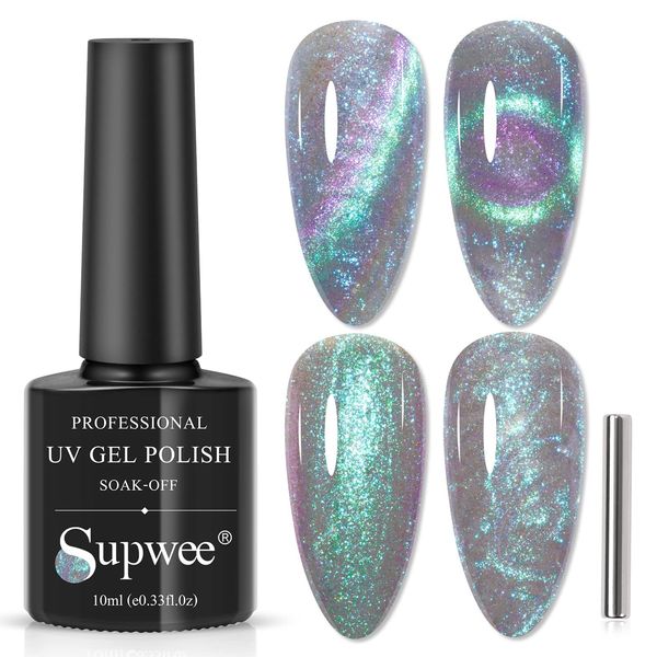 SUPWEE 9D Pearl Shell Magnetic Cat Eye Pearl Gel Thread Glitter Nail Polish, Shimmer Mermaid Soak Off Nail Art Varnish - Blue