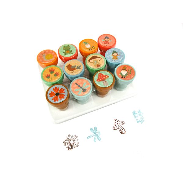 TINYMILLS 12 Pcs Garden Fairies Mushroom Gnomes Stamp Kit for Kids - Gnomes Garden Fairies Tea Party Self Inking Stamps Gift Party Favors