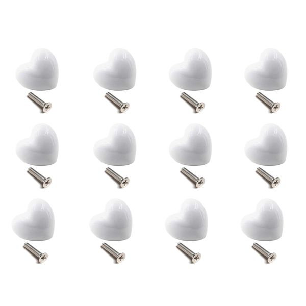 GZFTMKOBNS 12Pcs Ceramic Drawer Knobs Heart Shape Handle Pull for Kitchen Knobs Kids Room Cabinets Closets Toy Organizer Box Bookcase (White)