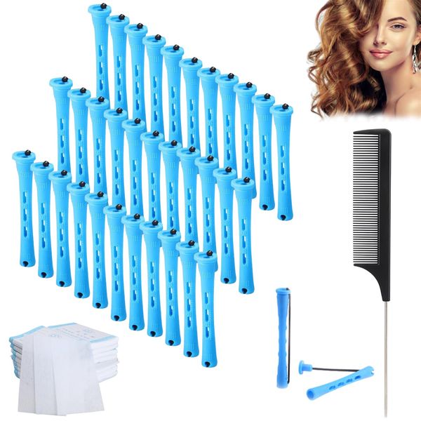 81 Pcs Perm Rods Set, Blue Perm Rods Perm Papers with a Comb Hair Rollers For Short Hair and Covered Hair Rollers for Fashionable Curly Hair, Hairstyle Creation