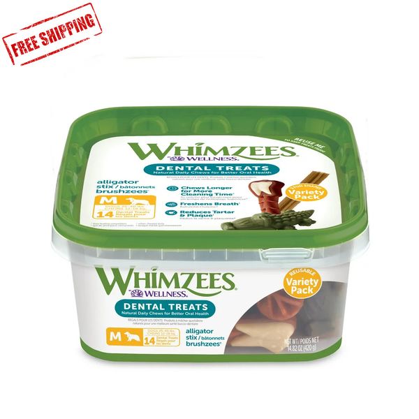 WHIMZEES Medium Natural Dental Variety Tub Dog Treats, 14 Count 🥦🥦🥦