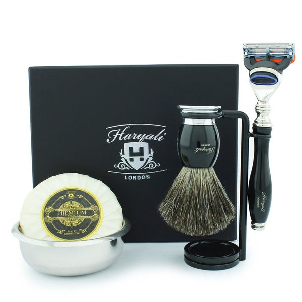 Haryali London Shaving Kit - Black - 5pc Shaving Set - Super Badger Shaving Brush - 5 edge Shaving Blade Shaving Razor - Shaving Stand - Shaving Soap - Shaving Bowl