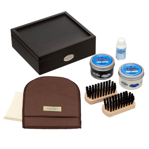 M. Mowbray Shoe Care Shoe Polish Kit, Wooden Box, Men's Set, Shoe Cream, Brush, Cleaner, Dirt Remover, Cloth, black/neutral