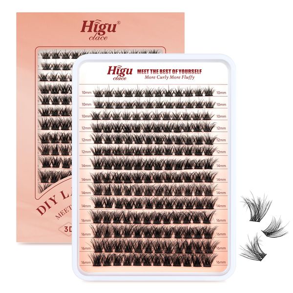 Higu clace Wimpern Einzeln, 168 Stücke Wimpern Cluster 3D flauschig D Curl Wimpern Extension 10mm 12mm 14mm 16mm Länge, dichte natürliche Wimpern für DIY zu Hause - 3D Voluminös mix 10-16mm