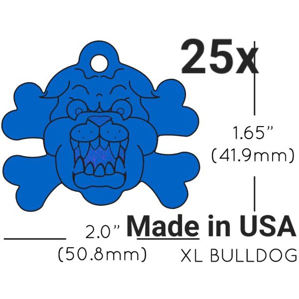 25x Anodized Aluminum Pet ID Tag Bulldog Crossbone Blue Made in USA (Lead Free)