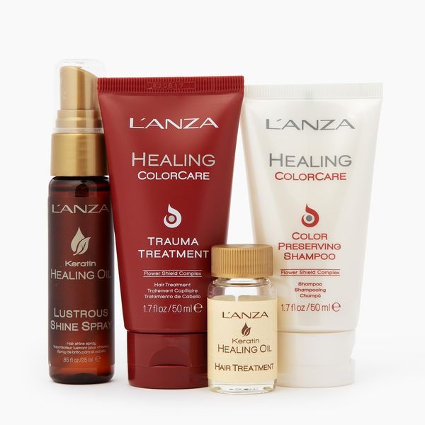 L'ANZA Mini Must Haves Kit, Healing ColorCare for Damaged & Colored Hair, Color Preserving Shampoo, Trauma Treatment, Keratin Treatment & Lustrous Shine Spray, Hair Care Kit (1.7/1.7/0.34/0.85 Fl Oz)