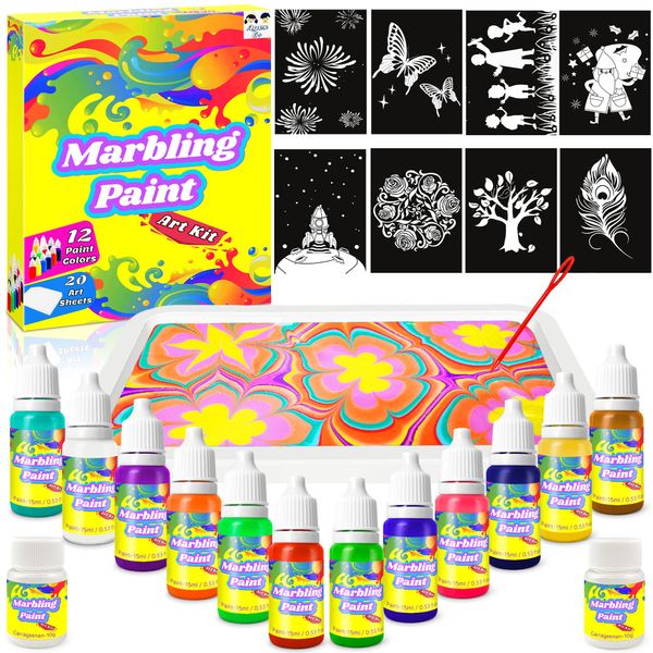 Chennyfun Marbling Paint Art Kit for Kids, Art Paint Craft Kits for Girls & Boys Ages 6+ Educational Toys, 12 Colors (15ml Each), Painting on Water, Creative Toys & Gifts for Kids