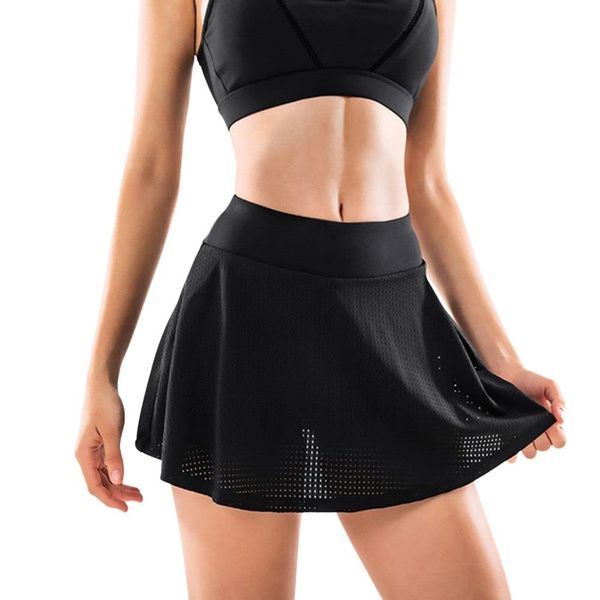 ThreeH Damen sportliche Rock Tennis Skort Falten mit Taschen für lässige Turnhalle Golf Sport Laufen Training Schwarz