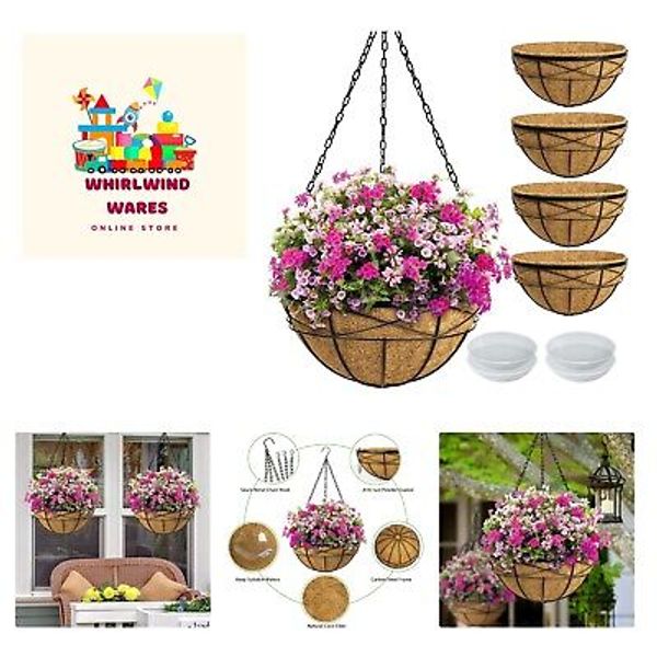 Hanging s for Outdoor Plants: 4 Pack 16" Hanging Baskets Flower Pots with Coc...