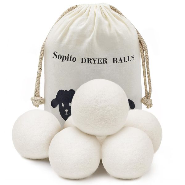 Tumble Dryer Balls, Sopito 6pcs XL Wool Dryer Balls for Laundry to Reduce Drying Time, Wrinkles and Static, Soften Fabric, Reduce Tangle and Make Clothes Fluffy, with Premium Natural Wool