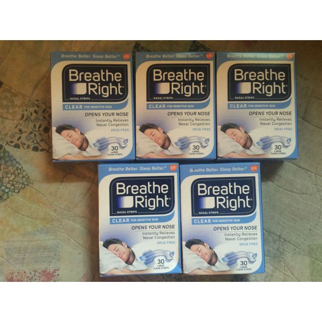 150 BREATHE RIGHT NASAL STRIPS, LARGE CLEAR ( 5 x 30 Ct Boxes ) NIB EXP 2027