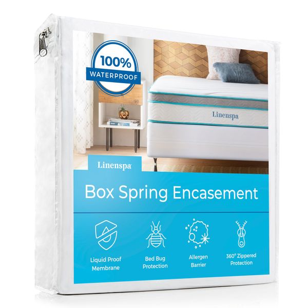 Linenspa Box Spring Encasement Full, Complete Protection with Zipper, Waterproof Box Spring Protector Full, White