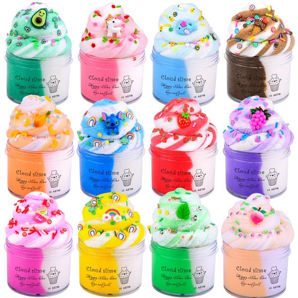 12 Pack Fluffy Cloud Slime, DIY Stress Relief Fidget Toy Slime kits for Girls and Boys, Birthday Gift for Kids, Valentine Slime Party Putty Toys Gift with Cute Slime Charms