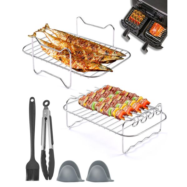 Air Fryer Rack 10Pcs Compatible with Ninja Dual Zone Air Fryer AF300UK AF400UK Layered Dehydrator Racks 304 Stainless Steel Air Fryer Accessories with 4 Skewers, Brush, Clip, Silicone Gloves for Oven