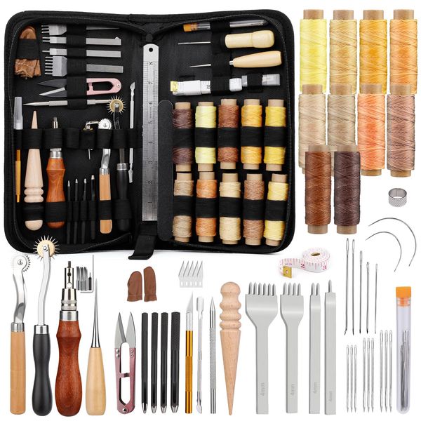 Leather Working Tools, Leather Craft Kit with Stitching Groover Awl Stitching Punch, 10 Colors Waxed Thread Sewing Needles Leather Craft Tools with Storage Bag for Leathercraft Beginners Professionals