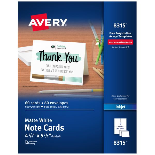 Avery Printable Note Cards with Envelopes, 4.25" x 5.5", Matte White, 60 Blank Note Cards for Inkjet Printers (08315)