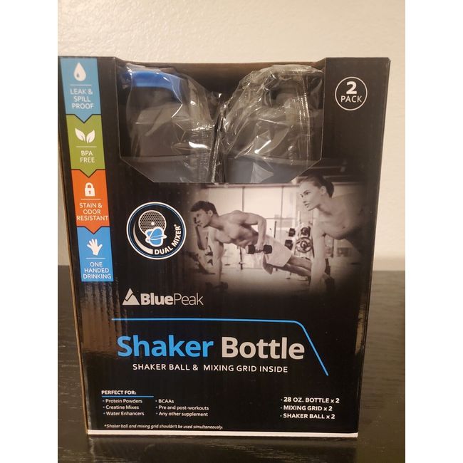 2 28 oz. BluePeak Shaker Bottles with Shaker Balls and Mixing Grids