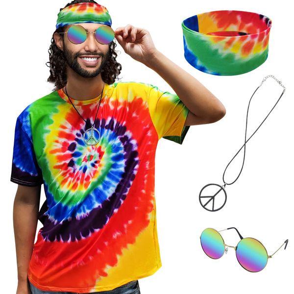 XonyiCos 4 Pieces Hippie Costume Set, Men Momen 60s 70s Colorful T-Shirt Accessories Set for Theme Party (T-shirt 4 piece set, X-Large)