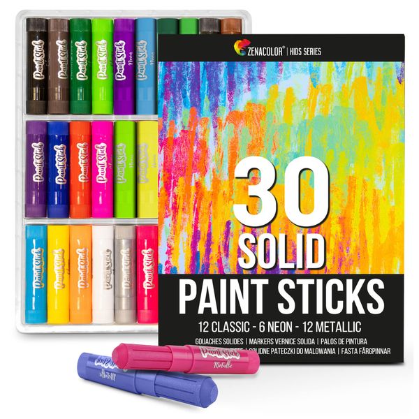 Zenacolor 30 Paint Sticks for Children - Art Supplies for Kids - Mess-free Painting Stick - Solid Colour