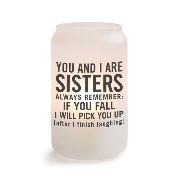 Personalized Planet If You Fall I Will Pick You Up - You and I are Sisters Frosted Glass Votive Candle Holder with Funny Message for Hallway Display or Tabletop Décor, 13oz 2.5x5