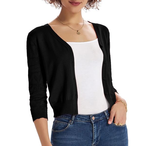 Black Button Down Sweaters for Women Lightweight V Neck Cardigan 3/4 Sleeve Cropped Cardigan Open Front M