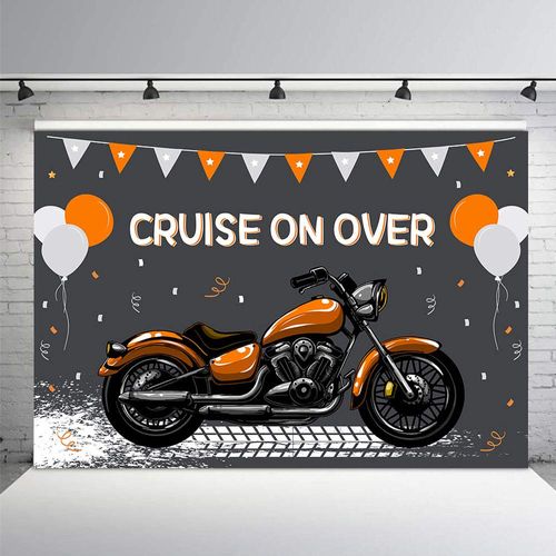MEHOFOND Motorcycle Birthday Backdrop Orange Motocross Racing Balloon Happy Birthday Party Decoration Extreme Sports Photography Background Supplies Boys Dirt Bike Bday Cake Table Banner 7x5ft