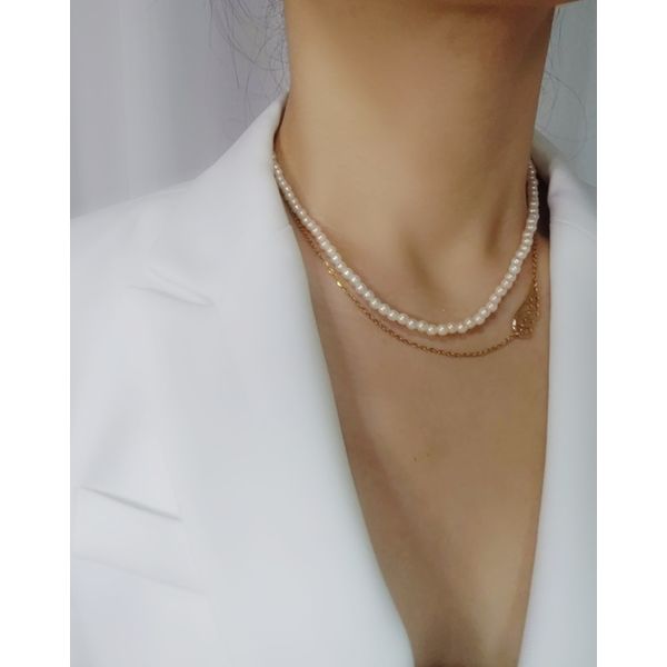 Surgical Chain Yeri Pearl Lovely Wings Two-Line Layered Choker Necklace