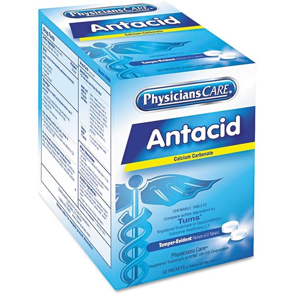 PhysiciansCare 90089 Antacid Calcium Carbonate Medication, Two-Pack, 50 Packs/Box