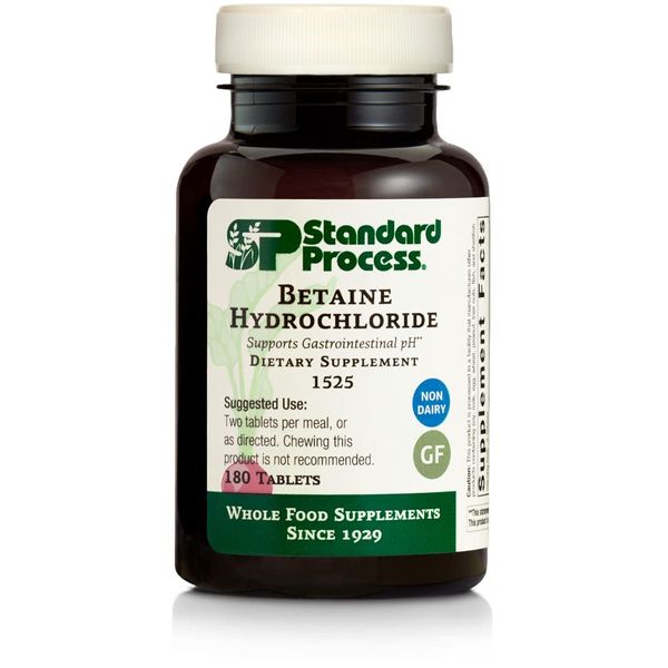 Standard Process Betaine Hydrochloride - Whole Food GI and Digestive Health Supplement with Magnesium Citrate, Betaine HCl, Ammonium Chloride, Pepsin, and More - 180 Tablets