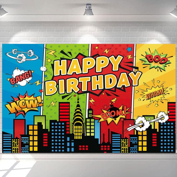 7x5ft Superhero Theme Backdrop for Children Boys Super Heros Comic Skyline Happy Birthday Party Supplies Decoration Baby Shower Backdrop Hero City Banner Decor Photography Backdrop