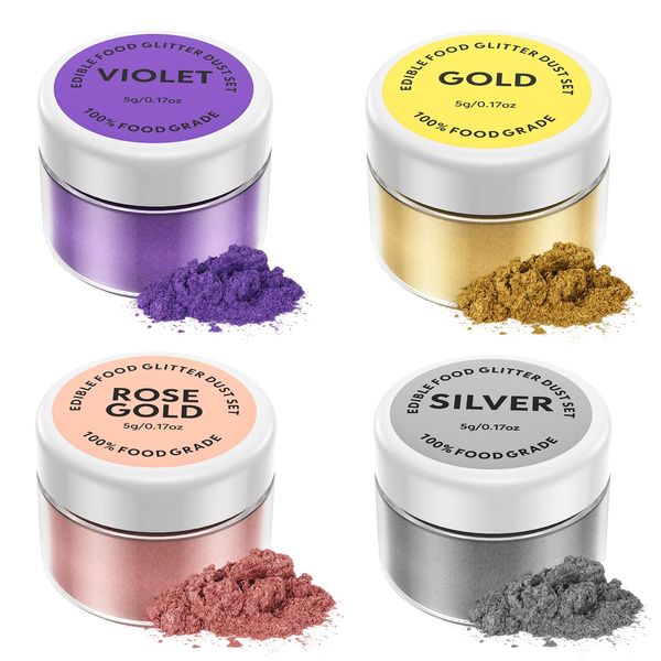 Essbarer Glitzer set 4 x 5g, Jelife Glitzerpulver für Getränke Lebensmittel Glitzer 4 Farbenset Glitzerpuder Backglitzer für Schokolade, Erdbeeren, Cupcakes, Valentinstag Kuchen, Fondant, Getränken