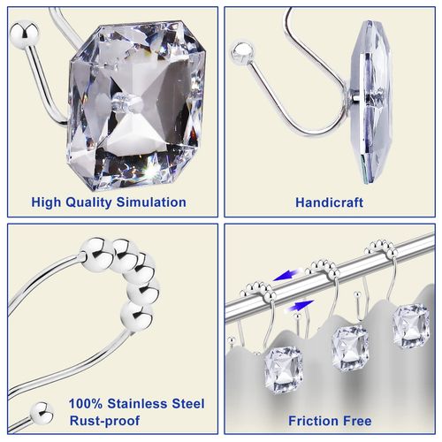 Yapicoco Shower Curtain Hooks Rings for Bathroom, 12PCS Double Hooks Glide Anti Rust Crystal Rhinestones Shower Curtain Rings Hangers for Shower Curtains, Clothing, Towels, etc. (Clear) (Clear)