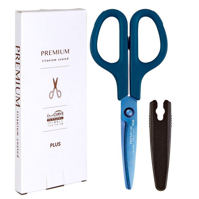 Plus 35-723 Scissors Fit Cut Curved Premium Titanium Non-Sticky 30 Degree Continuous Cutting Paper Box Packaging Navy