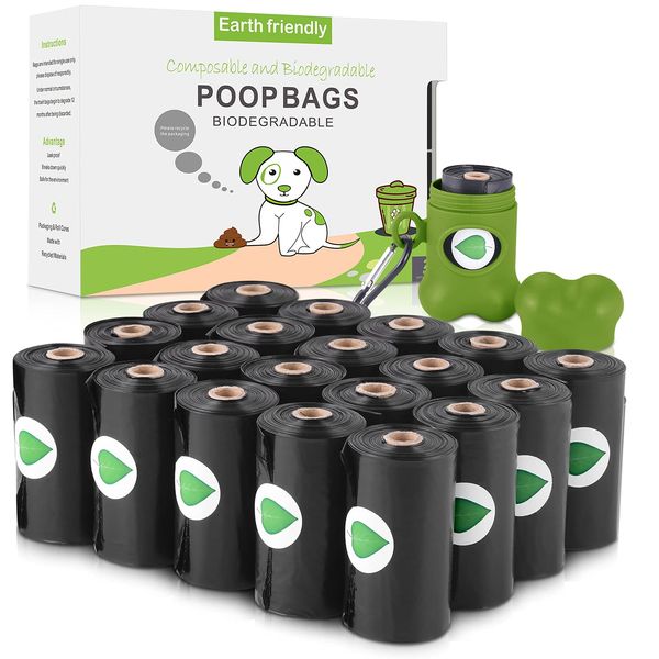 Nestling Biodegradable Thicker Dog Poop Bags with Dispenser 300 Dog Waste Bags Thick Strong Made from Corn Starch Plants Based (Black)