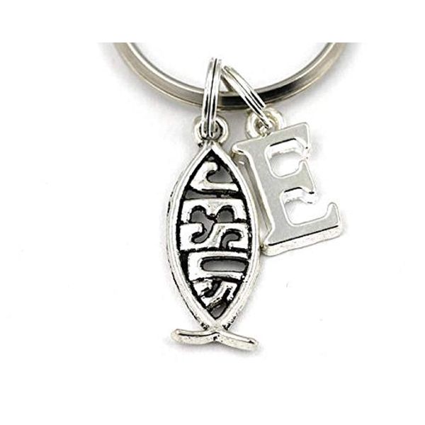 SILVER KNIGHT Jesus Fish Key Ring, Personalized Christian Keyring, Initial Keychain, Religious, Gift Bag