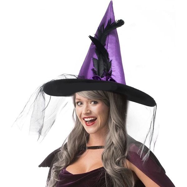 JUSTOTRY Magic Master Purple Witch Hat for Halloween Party Hats for Women & Girls Women's Witch Hats with Roses & Feathers(Purple)