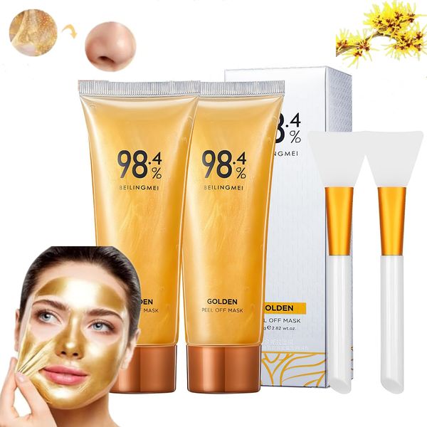 2Pcs 98.4% Gold Foil Peel-Off Mask,Gold Peel Off Mask Anti-Wrinkle,98.4% Golden Peel Off Mask,Anti-Aging Gold Face Mask for Moisturizing,Removes Blackheads,Reduces Fine Lines,Cleans Pores(80g)