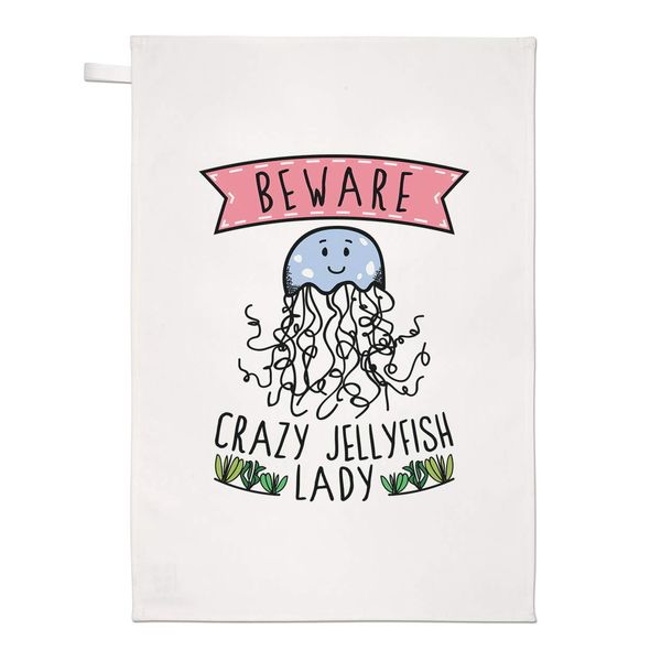 Beware Crazy Jellyfish Lady Tea Towel Dish Cloth