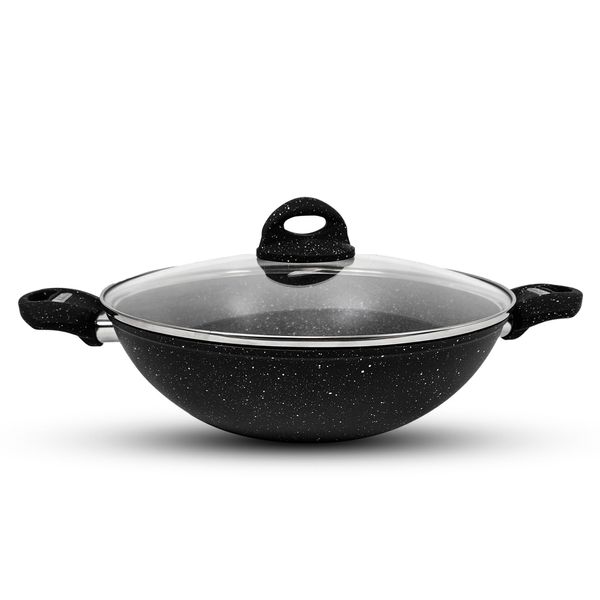 AKH HOUSEWARE Non Stick Wok 24CM Deep Frying Pan with Lid Forged Aluminum Induction Hob Pan with - Double Handle - Soft Touch - Saute Pan/Deep Stir Fry Pan (24CM)