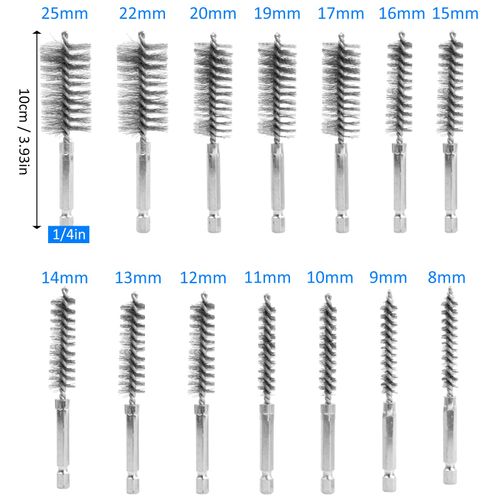 14PCS Stainless Steel Wire Bore Brush with 1/4 Inch Hex Shank Handle, Twisted Wire Tube Cleaning Brush Set for Power Drill Impact Driver