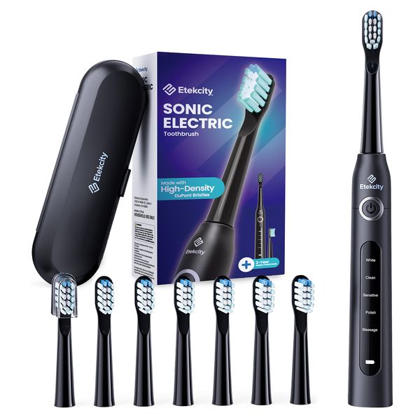 Etekcity Electric Toothbrush for Adults and Kids, 8 Soft High-Density Brush Heads, Sonic Toothbrush Fast Charge 2.5 𝐇𝐨𝐮𝐫𝐬 𝐋𝐚𝐬𝐭 30 𝐃𝐚𝐲𝐬, 2 Minutes Smart Timer, 5 Modes & Travel Case, Black