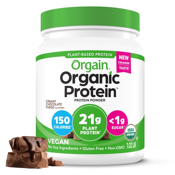 Orgain Organic Vegan Protein Powder, Creamy Chocolate Fudge - 21g Plant Protein, 7g Prebiotic Fiber, Low Net Carb, No Lactose Ingredients, No Added Sugar, Non-GMO, For Shakes & Smoothies, 1.02 lb