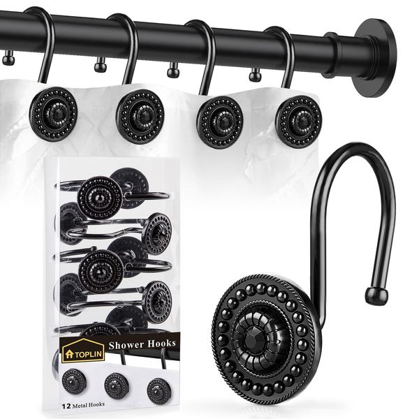 iToplin Shower Curtain Hooks, Decorative Shower Curtain Rings, Rust Resistant Metal Shower Hooks for Bathroom, Rust Proof Shower Hooks Hangers for Shower Curtain Rod, Curtain Hooks, Set of 12 (Black)