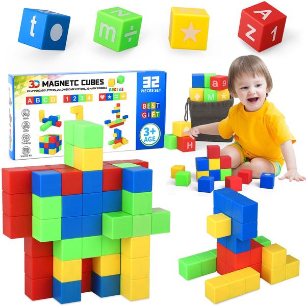 32PCS Magnet Building Blocks Letter Math Alphabet Number Magnet Cubes Tiles for Kids Toddler, Preschool Educational STEM 3D Puzzle Construction Science Kit Fidget Toy Boys Girls Birthday Gift