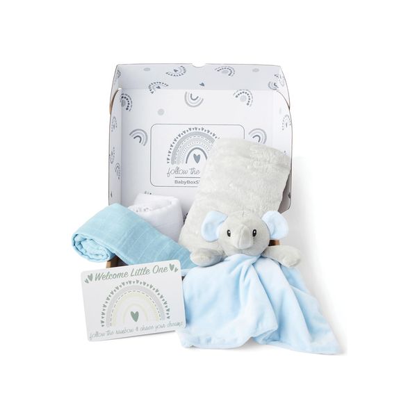 Baby Box Shop - 5 Newborn Essentials Ideal as Baby Shower Gifts & Christening Gifts for Boys, Includes a Blue Elephant Baby Comforter, Fleece Blanket, 2X Muslin Cloths & Gift Message Card