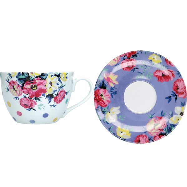 Mikasa Clovelly Tea Cup and Saucer Set with Floral Design in Gift Box, Porcelain, Multi Colour, 2 Pieces