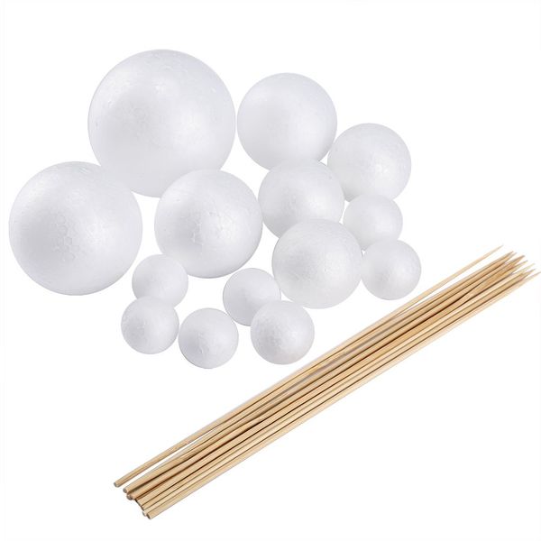 Pllieay Make Your Own Solar System Model with 14 Mixed Sized Polystyrene Spheres Balls and 10 Pieces 24 cm Long Bamboo Sticks for School Projects