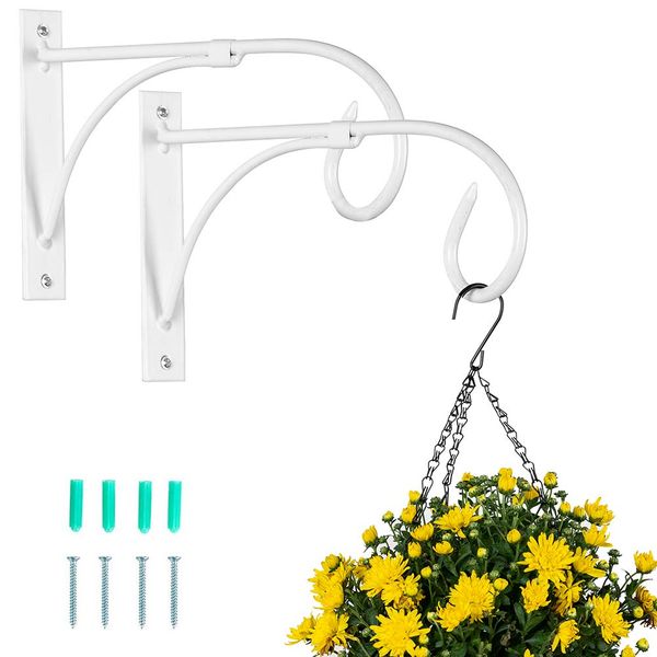 NUPTIO 2 Pcs Hanging Basket Bracket White, Wall Hanging Brackets Hooks, Hanging Plants Bracket, Garden Hanging Hooks, Outdoor Bracket for Plant Flower Pots Lanterns Bird Feeders