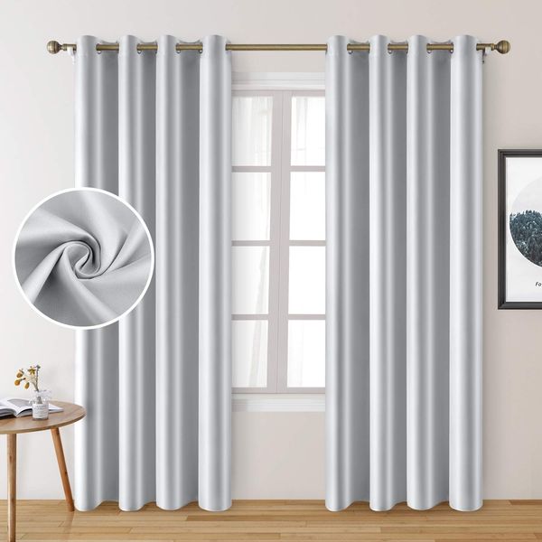 HOMEIDEAS 2 Panels Greyish White Faux Silk Curtains White Blackout Curtains for Bedroom 52 X 96 Inch Room Darkening Satin Drapes/Curtains, Thermal Insulated Blackout Window Curtains for Living Room